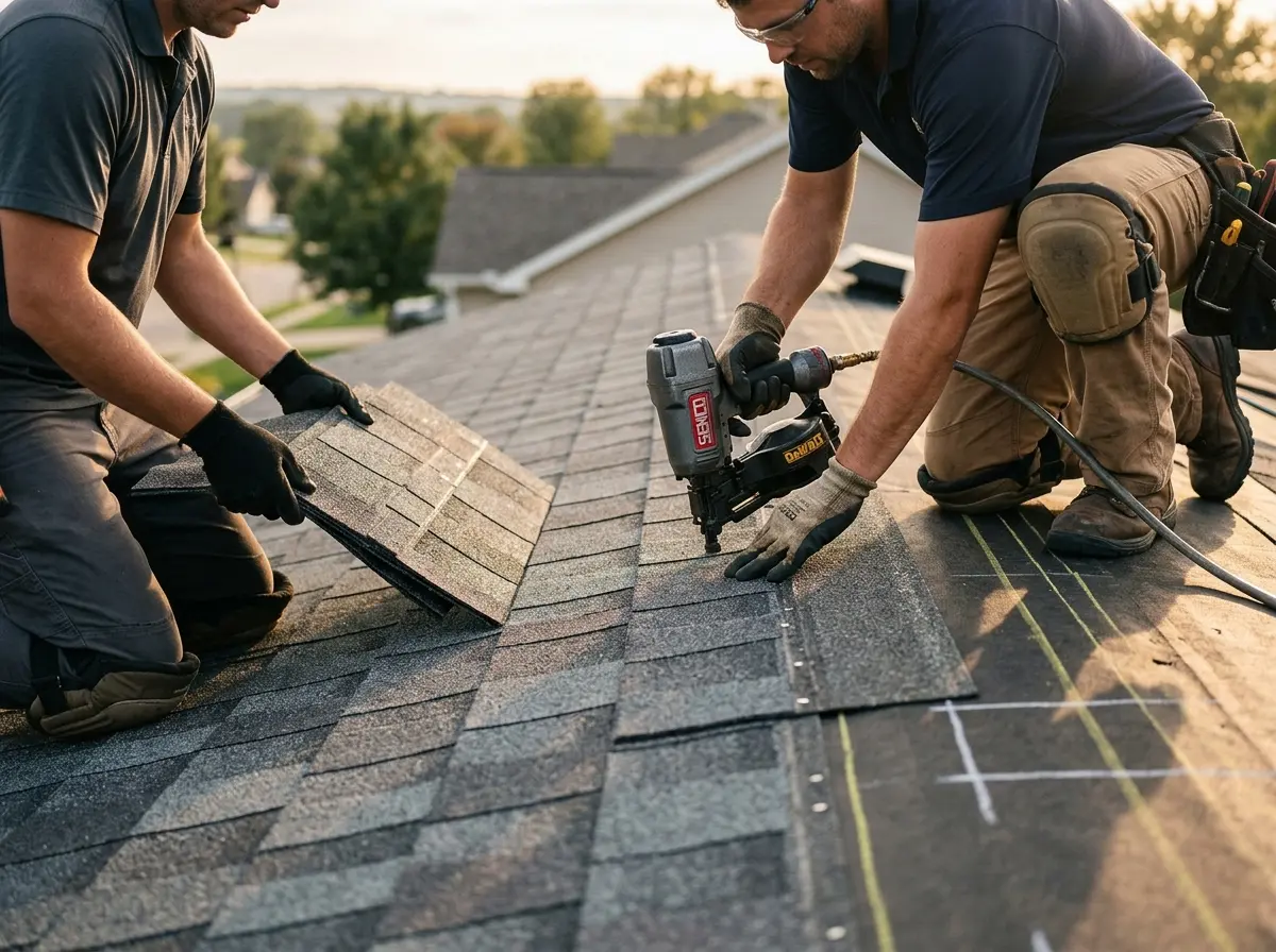 Professional roofer working on a residential roof in Sheboygan Falls